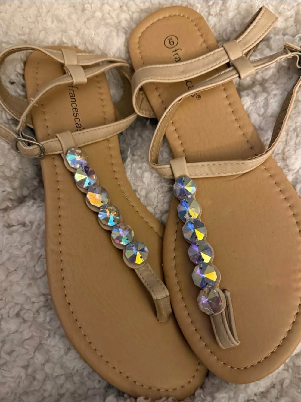 Francesca's Collections Beige Sandals with Iridescent Crystal Accents